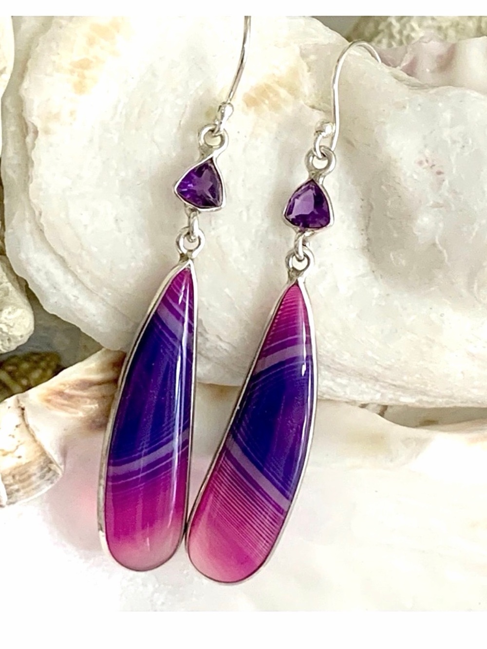 Purple & Pink Botswana Agate & Amethyst Sterling Silver Earrings